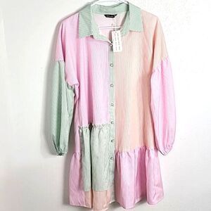 Simplee Lantern Sleeve Colorblock Pinstripe Shirt Dress, Size Medium, NWT